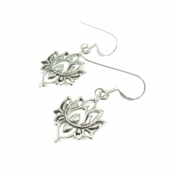 Solid 925 Sterling Silver Lotus Flower Egyptian Bean Drop Dangle Hook Earrings - Picture 7 of 9